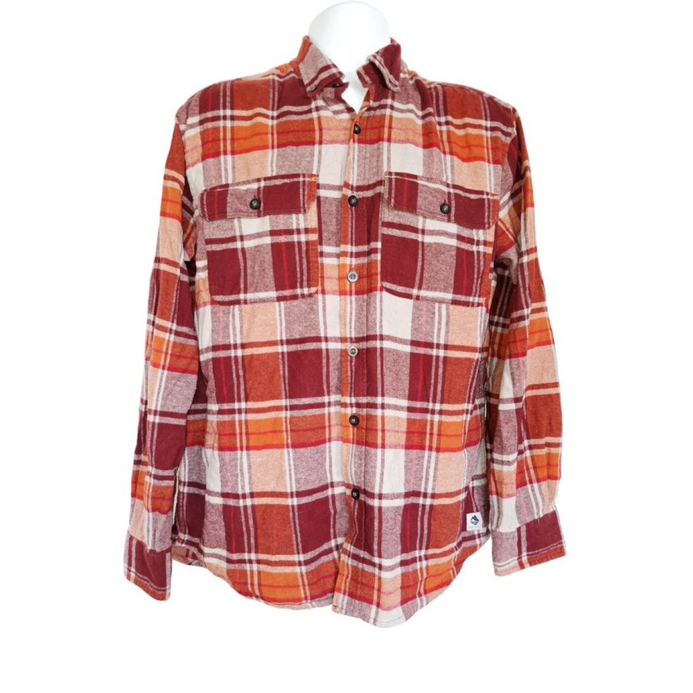 Ocean Coast mens surfer grunge fall Red Orange Plaid Casual Button Down Shirt M